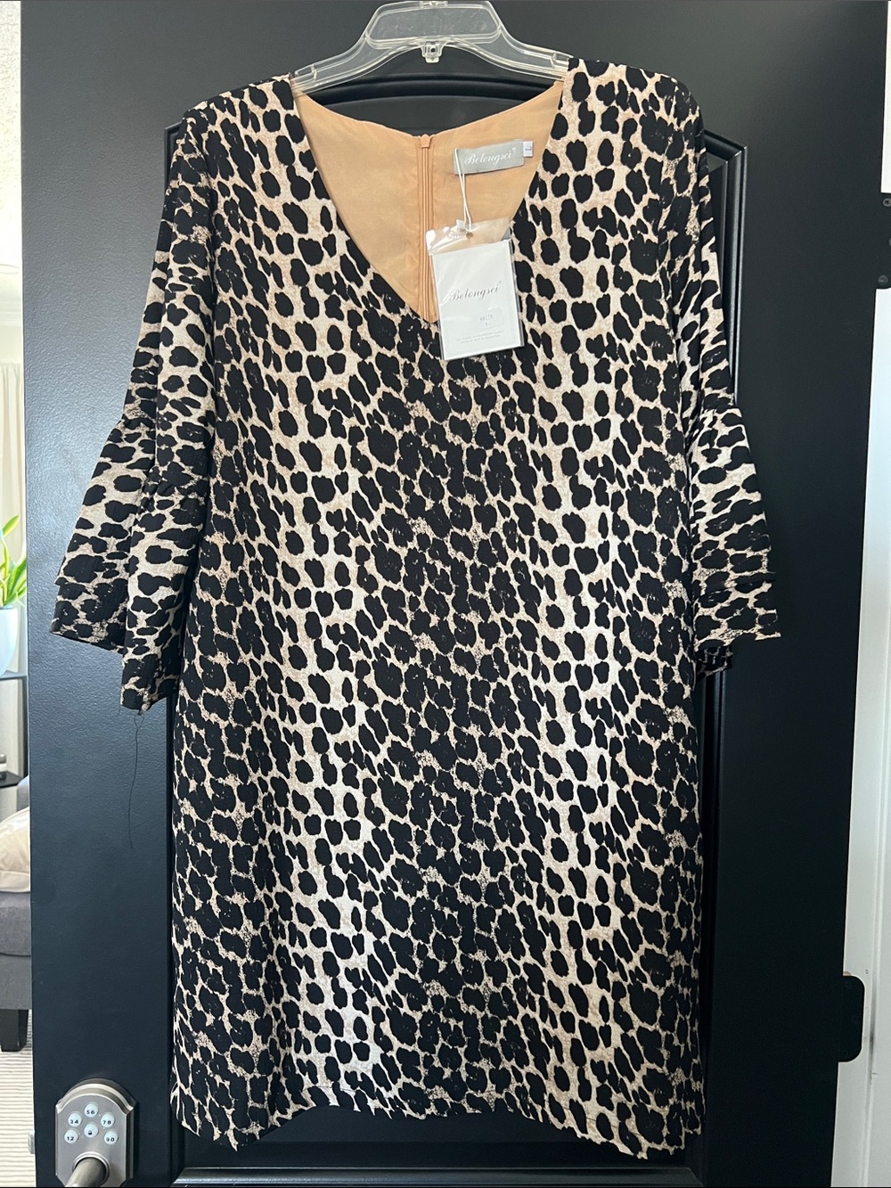 Leopard Print V-Neck Shift Dress - Black & Tan